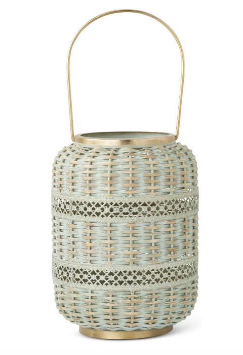 Rattan Patina Woven Hurricane w/Gold Base and Handle, Veridigris Candle Holder- Set of 2