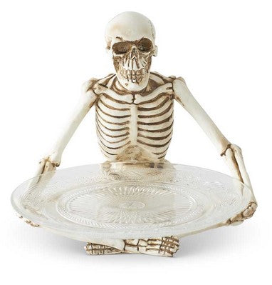 Sitting Skeleton Holding Glass Plate