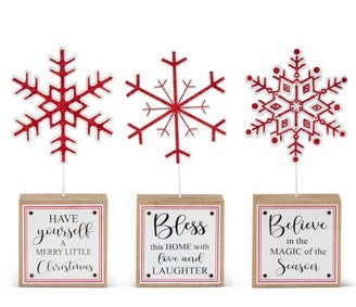 Holiday Message Wood Blocks w/Red Glittered Shelf Sitter - 3 Styles