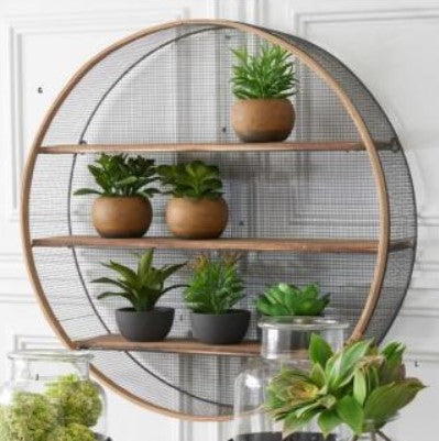 Round Metal Mesh and Wood Wall Shelf