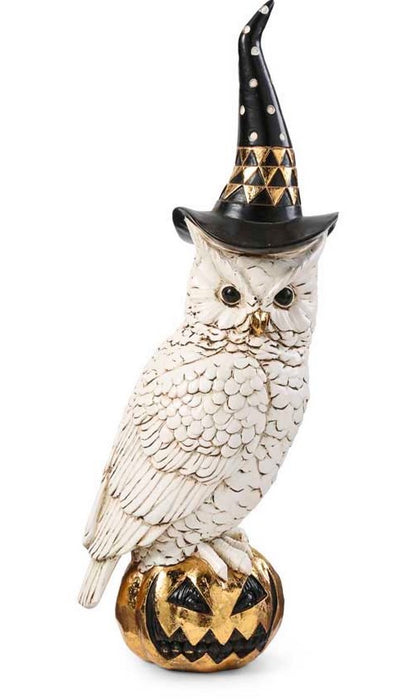 White and Gold Owl w/Witch Hat on Gold Jack O Lantern