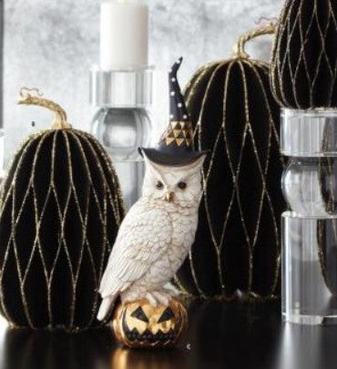 White and Gold Owl w/Witch Hat on Gold Jack O Lantern
