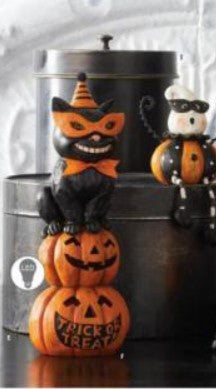 Black Cat w/Party Hat On LED Trick Or Treat Pumpkin