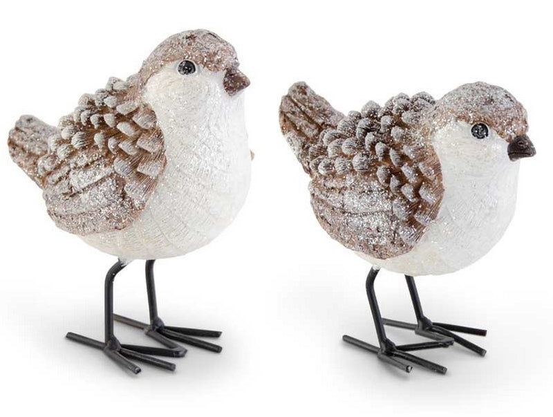 Brown and White Glittered Wood Grain Pinecone Bird - Set of 2