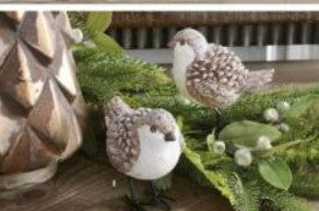 Brown and White Glittered Wood Grain Pinecone Bird - Set of 2