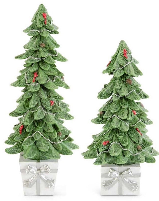 Glittered Resin Christmas Trees Sitting on White Present Base Set of 2