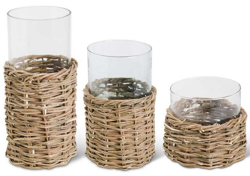 Clear Glass Cylinders in Woven Rattan Basket - 3 Sizes