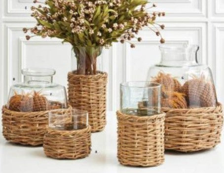 Clear Glass Cylinders in Woven Rattan Basket - 3 Sizes