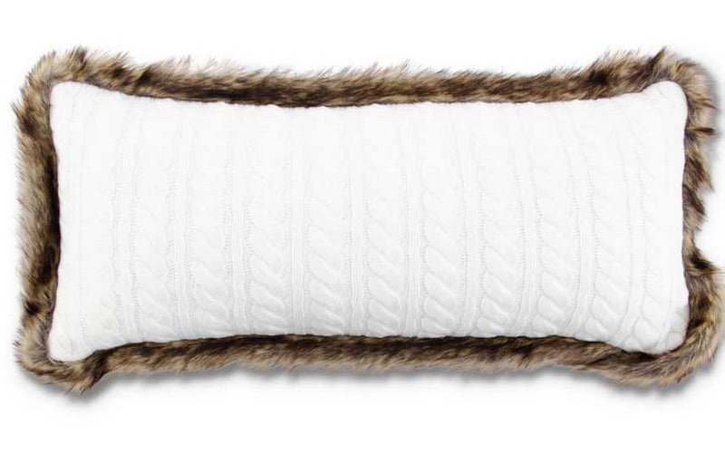 White Cable Knit Rectangular Pillow with Brown Fur Trim