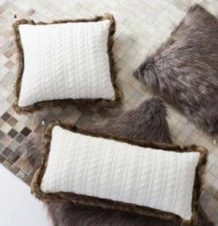 White Cable Knit Rectangular Pillow with Brown Fur Trim