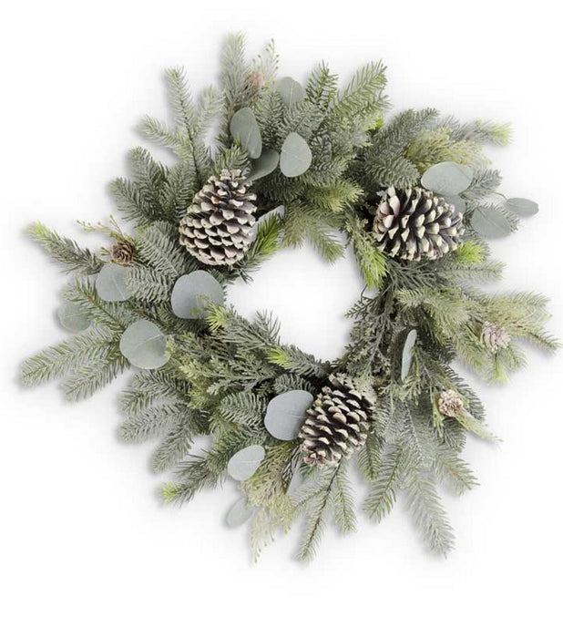 Frosted Fir Pine Wreath w/ Eucalyptus and Pinecones - 20"