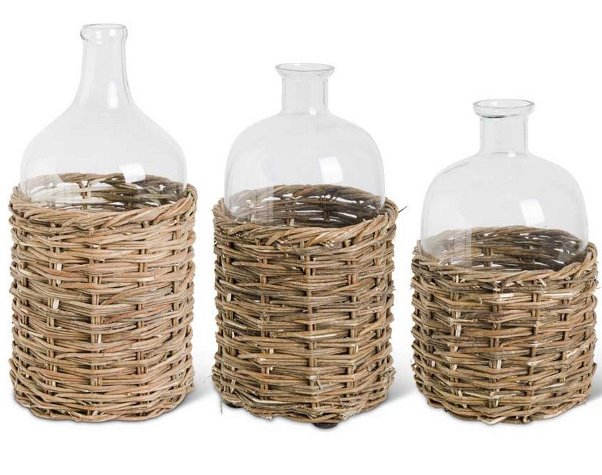 Clear Glass Bottles in Woven Rattan Basket - Set of 3
