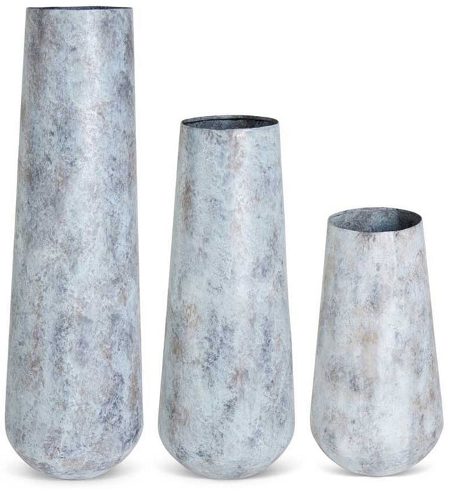Light Blue Metal Tall Vases With Acid Washed Finish  - 3 Sizes