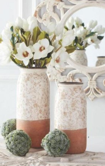 Cream Ceramic Vases w/Tan Floral Pattern -2 Sizes