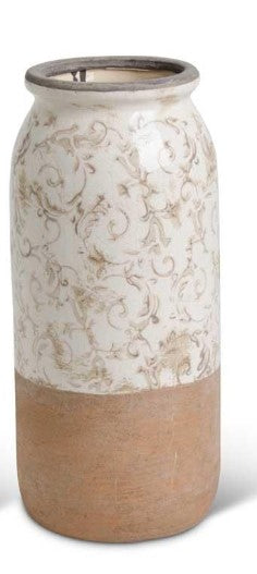 Cream Ceramic Vases w/Tan Floral Pattern -2 Sizes