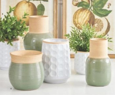 Sage Green Stoneware Vases with Natural Top and Bottom - 2 Styles