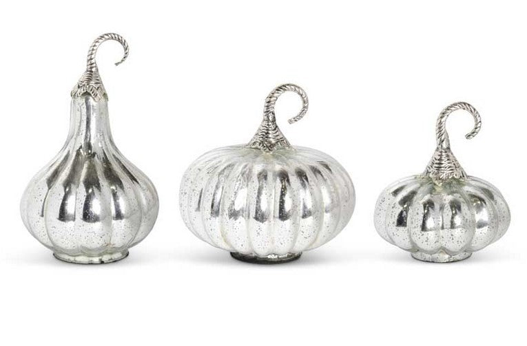 Mercury Glass Pumpkins w/Silver Metal Stems (Grad Sizes)- 4 Options