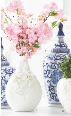 White Ceramic Bottle Neck Vase with Raised Lily Flowers