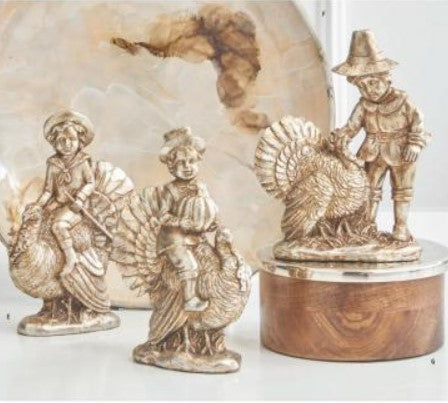 Antique Silver Resin Children w/Turkeys Set of 3