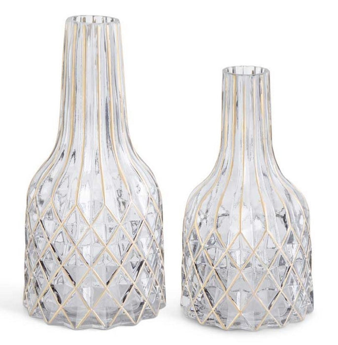 Smoked Glass Bottle Neck Vases w/Gold Diamond Pattern - 2 Options