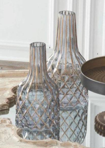 Smoked Glass Bottle Neck Vases w/Gold Diamond Pattern - 2 Options