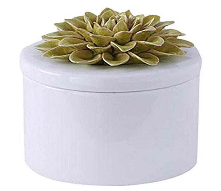 White Ceramic Lidded Dish w/Green Carnation