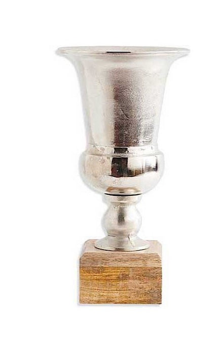 Silver Metal Tall Urn on Square Wood Base -2 Sizes