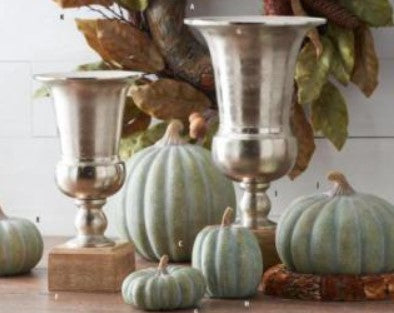 Silver Metal Tall Urn on Square Wood Base -2 Sizes