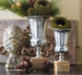 Silver Metal Tall Urn on Square Wood Base -2 Sizes