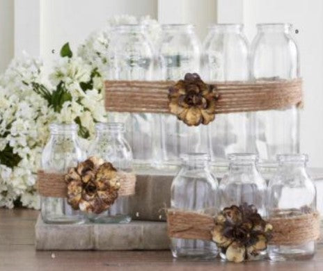 Glass Bottles Tied w/Jute & Flower - 2 Sizes