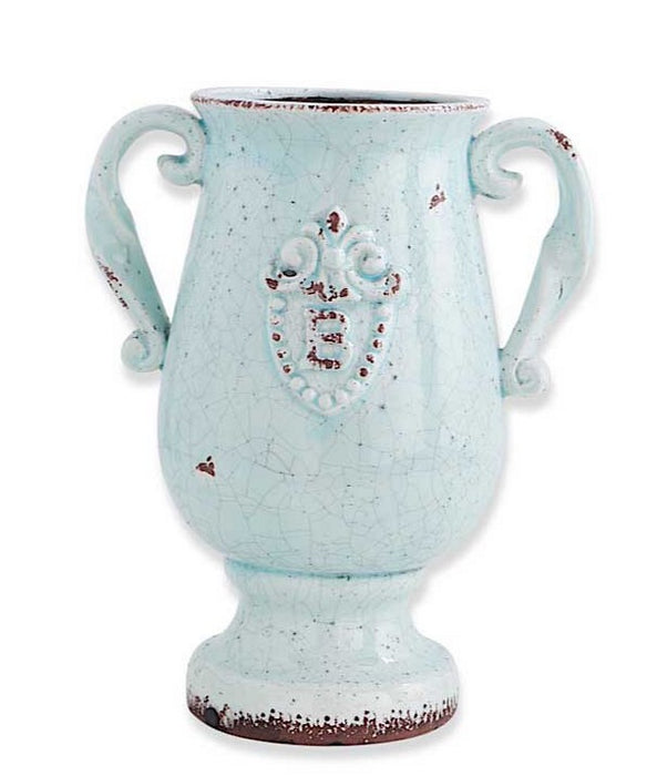 Blue Ceramic 2 Handled Urn w/Embossed Crest