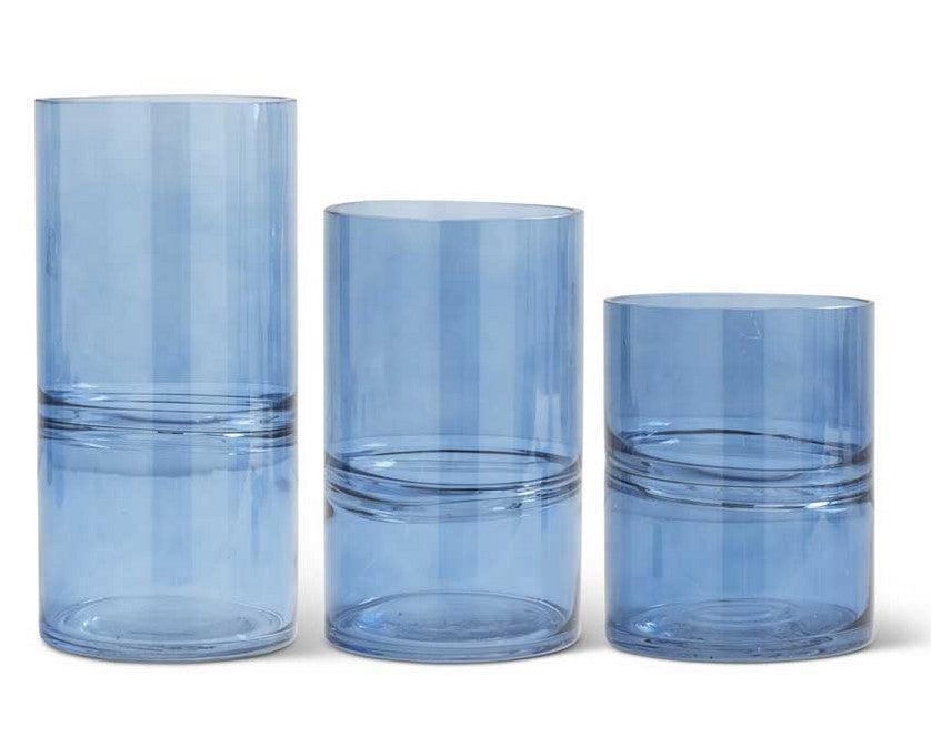 Blue Glass Cylinder Vases w/Inlayed Strips - Set of 3