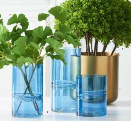 Blue Glass Cylinder Vases w/Inlayed Strips - Set of 3