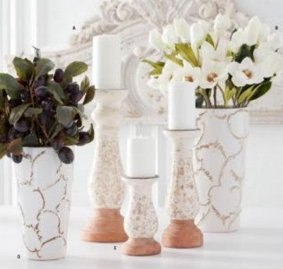 Cream Ceramic Candleholders w/Tan Floral Pattern - Set of 3