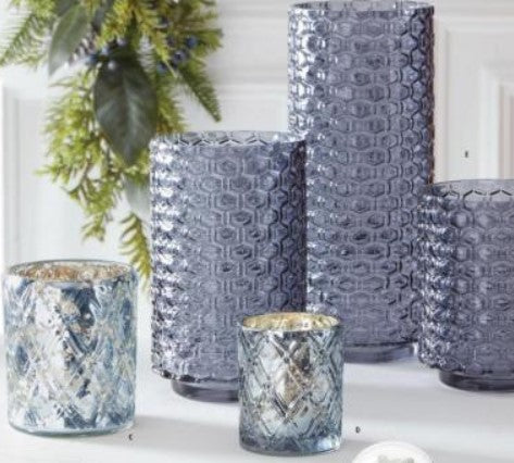 Blue Mercury Glass Votive w/Etched Criss/ Cross