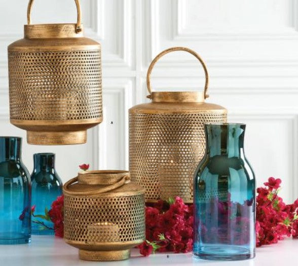 Gold Metal Mesh Lanterns w/Glass Hurricanes  - 3 Options