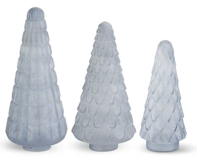 Frosted Embossed Light Blue Glass Trees - Set of 3