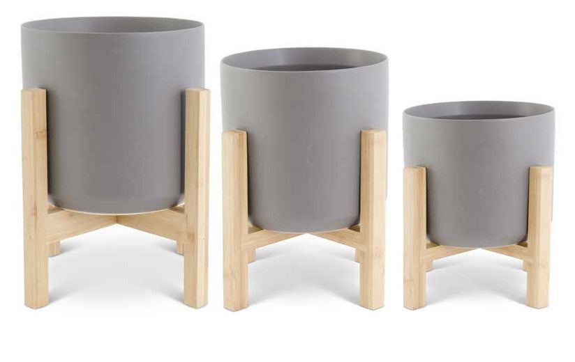 Gray Ceramic Pots on Bamboo Stands Set of 3