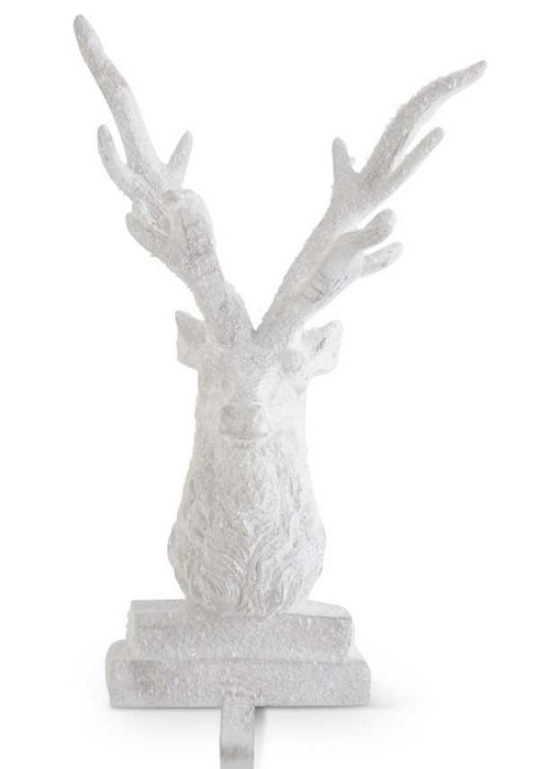 White Glitter Flocked Resin Deer Bust Stocking Holder