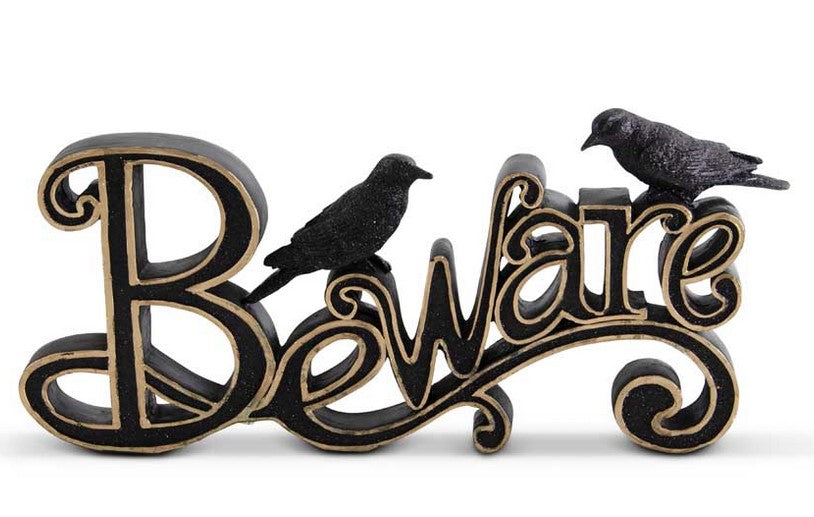Black & Gold Resin BEWARE Cutout with 2 Glitter Crows