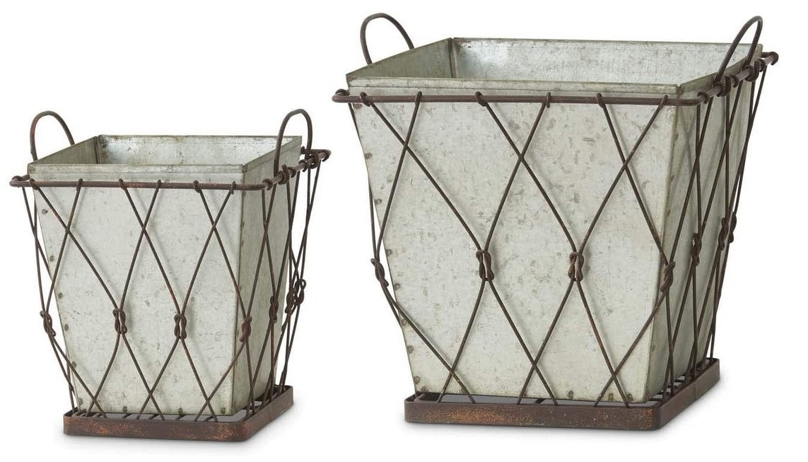 Square Tin Planters with Metal Criss Cross Detail- 3 Options