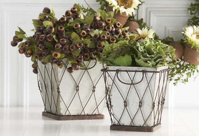 Square Tin Planters with Metal Criss Cross Detail- 3 Options