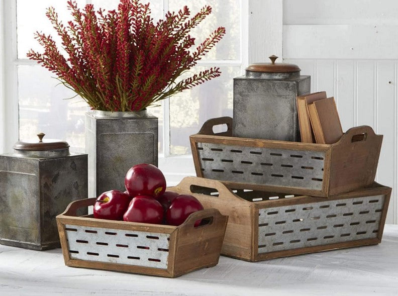 Tin Crates with Lattice Detail, Metal/Wood-Fir- 4 Options