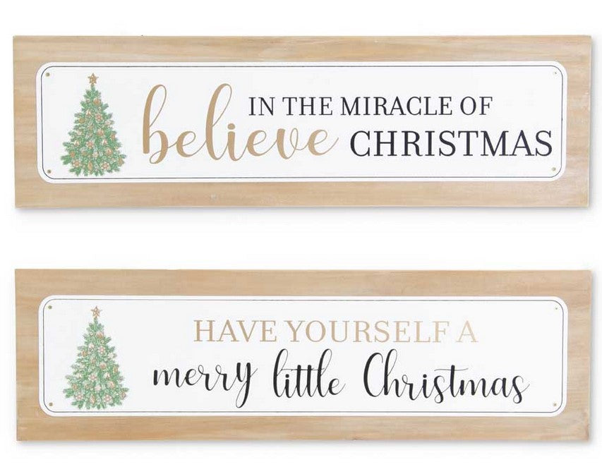 Wood Christmas Signs w/White Enameled & Gold Scroll - 2 Styles