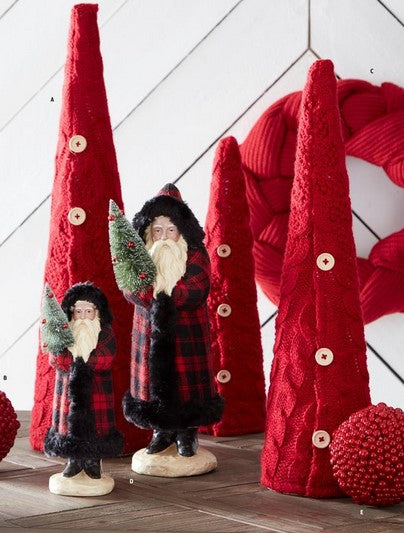 Red & Black Plaid Santas w/Black Fur Trim Holding Tree- 2 Styles