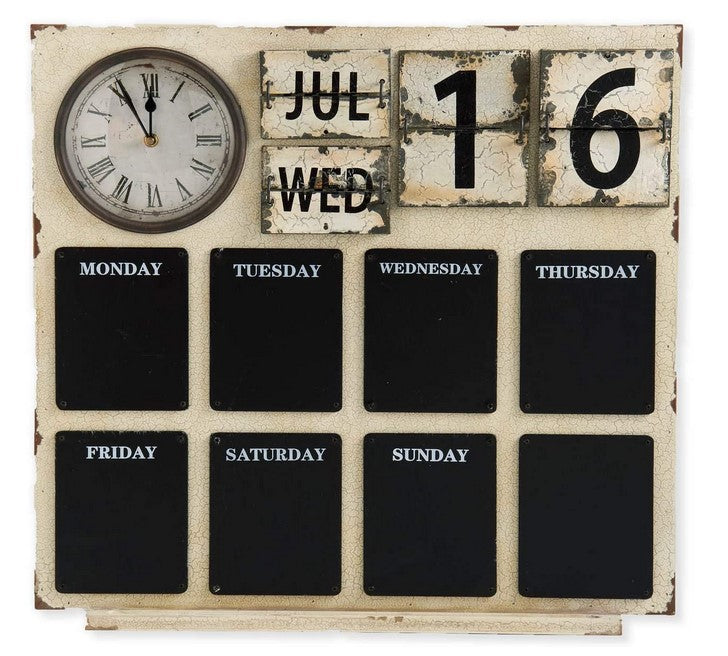 Cream Vintage Wood & Metal Calendar W/Clock & Daily Chalkboards