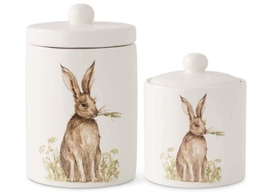 White Ceramic Canisters with Vintage Bunny Set of 2