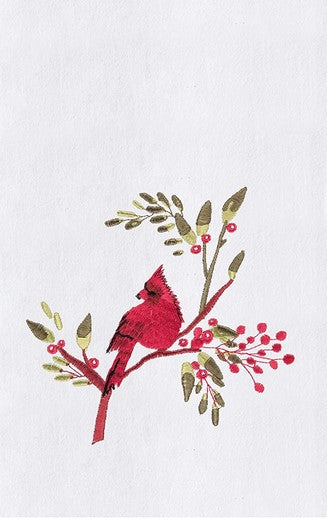 Red Cardinal On Berry Branch Embroidered Flour Sack Kitchen Dish Towel