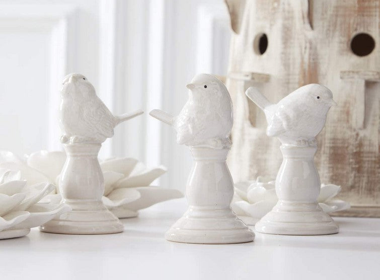 Cream Ceramic Birds on Pedestal Set of 3