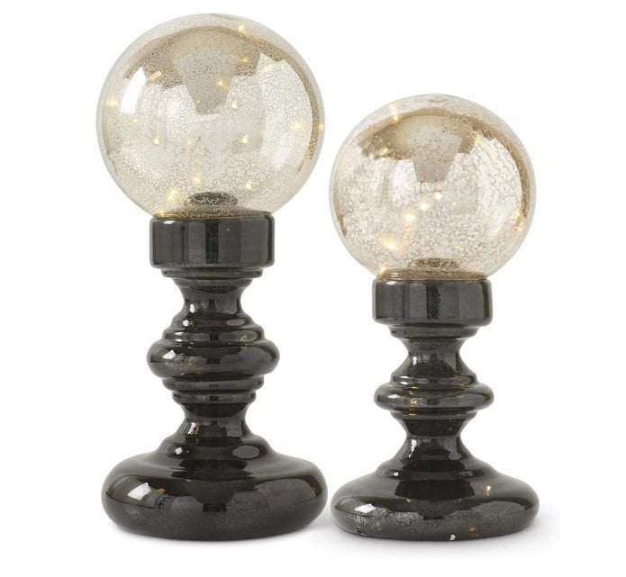 Mercury Glass Globes on Black Pedestals Led - set of 2